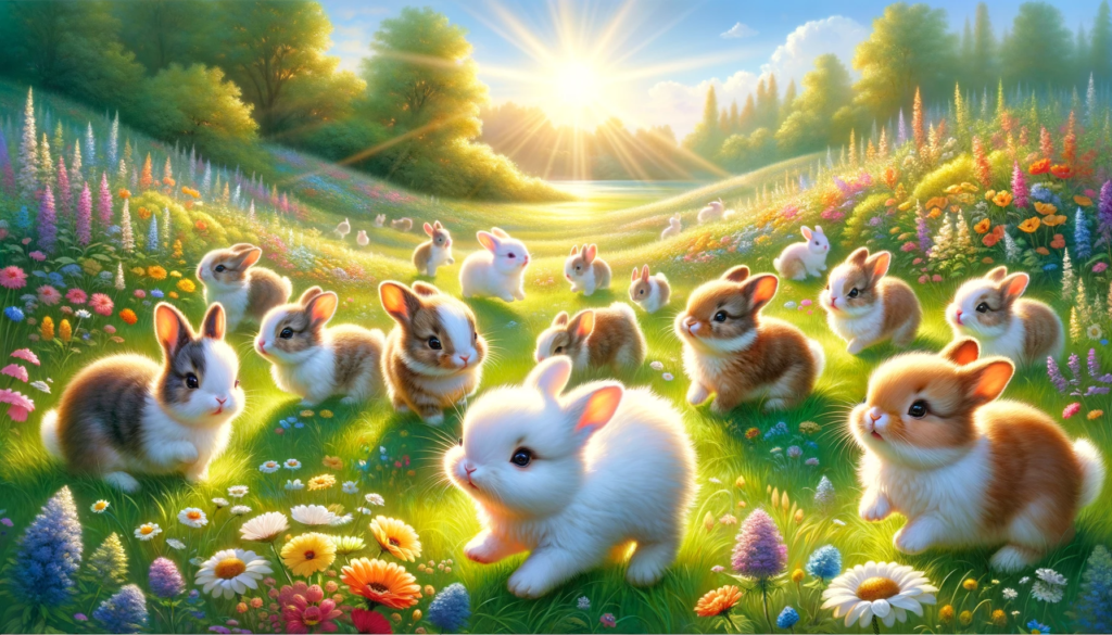DALL·E 2024-01-11 01.07.46 - A charming, sunlit scene depicting little bunnies hopping joyfully in a sunny, vibrant meadow. The meadow is lush and green, dotted with colorful wildプロンプト作成：増井光生