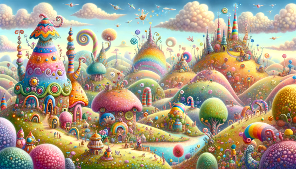 DALL·E 2024-01-11 01.07.38 - Awhimsical landscape depicting the 'Land of Giggles and Fun', featuring vibrant, colorful hills and whimsical structures. The sky is bright and cheerプロンプト作成：増井光生