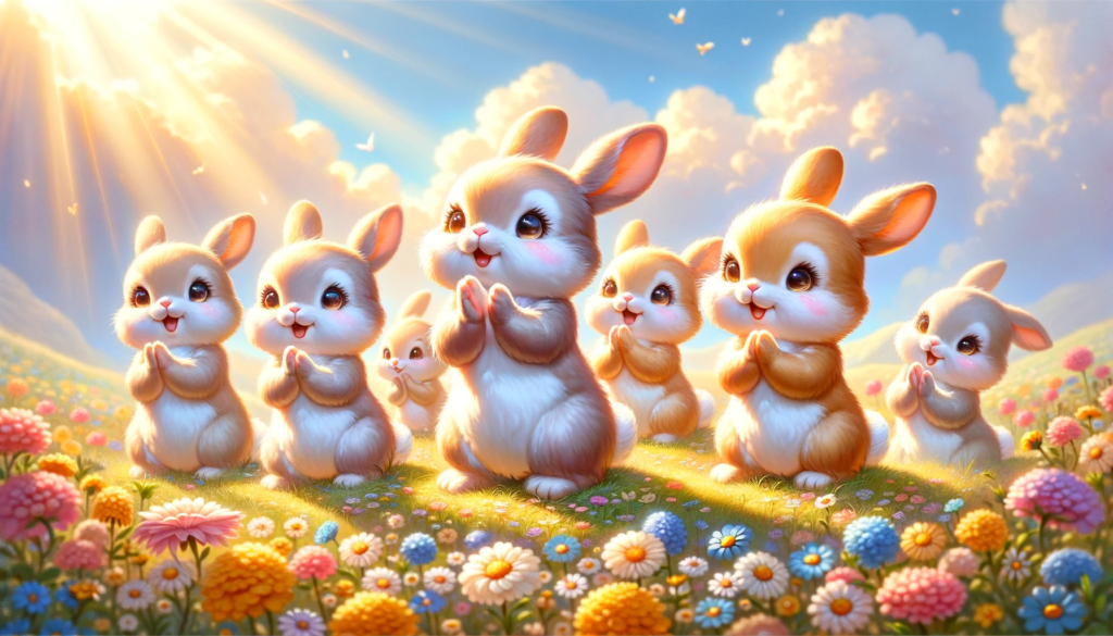 DALL·E 2024-01-11 01.10.53 - A heartwarming scene featuring little bunnies clapping their hands in a bright and cheerful setting. The bunnies are in a sunny meadow, surrounded プロンプト：増井光生