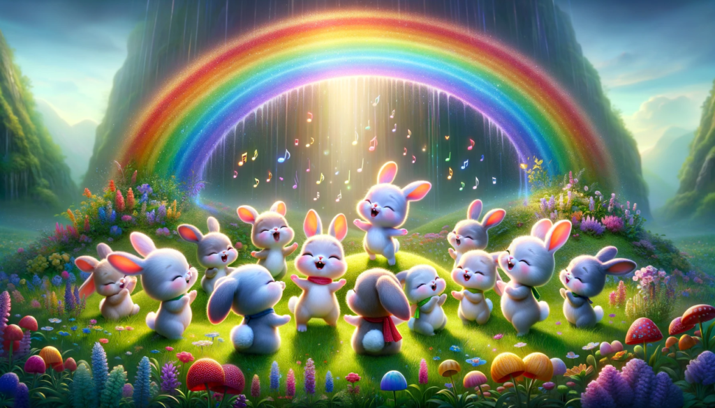 DALL·E 2024-01-11 01.07.58 - A whimsical scene of little bunnies singing and dancing in the light of a rainbow. The setting is an enchanting meadow, bathed in the soft, colorful プロンプト作成；増井光生