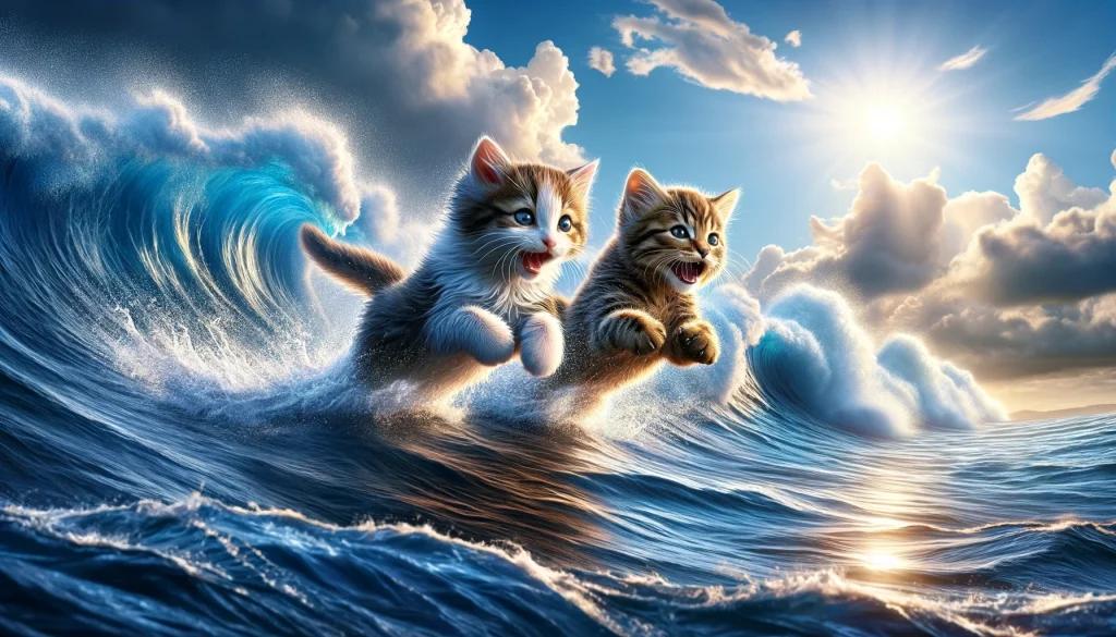 DALL·E 2024-02-22 プロンプトby 増井光生 Capture two kittens, best friends, in full joy, running atop the surface of the high seas. These kittens, embodying the epitome of happiness and camar