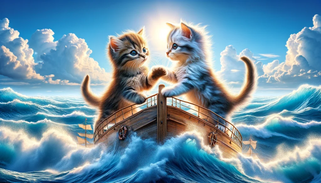 DALL·E 2024-02-22 プロンプトby増井光生 Illustrate two adorable kittens engaged in playful antics atop the high seas, captured in the finest detail to reflect a 4K photo-style masterpiece. T