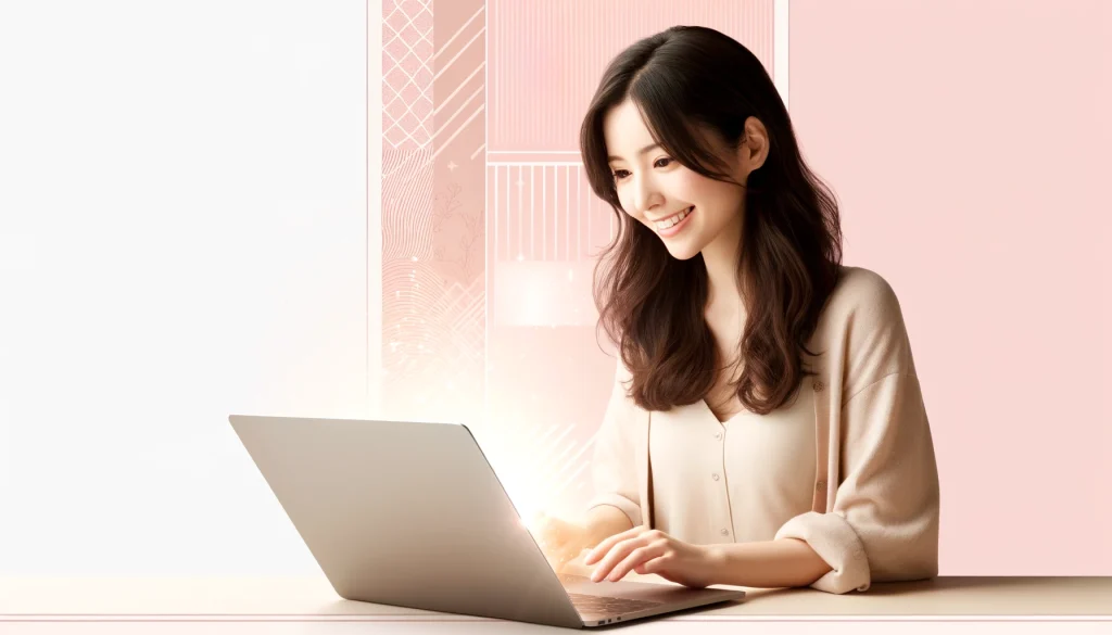 DALL·E 2024-04-16 プロンプト by 増井光生 A 20-something Japanese woman is featured prominently in the center of a wide ad design. She is sitting at a desk, smiling and looking at a laptop scr
